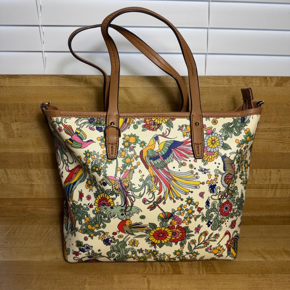 Tory Burch Kerrington Square Tote Ivory Utopia Bird Floral Print Handbag Bag
